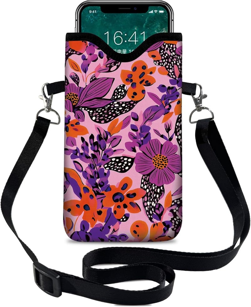 otilil Neoprene Cell Phone Sleeve Pouch Case Bag with Crossbody Strap Neck Lanyard for Women 7.1 X 3.9 in Pink Flower - Image 1